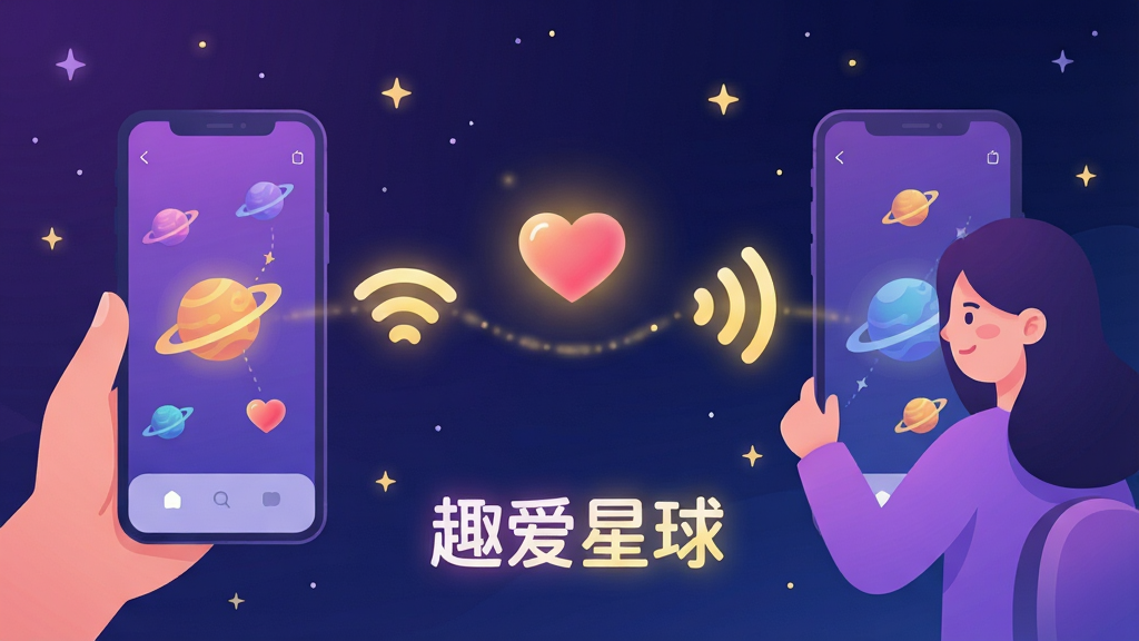 一幅展现趣爱星球应用核心功能的宽幅数字插画,画面主体为两个风格化的卡通人物在璀璨的星空背景下通过手机界面中的星球图案成功匹配连接,中间以发光的心形和无线信号图标串联,整体布局采用左右对称构图,中心焦点为发光的“趣爱星球”字样Logo,色彩以浪漫的紫罗兰色和深邃星空蓝为主色调,辅以暖黄色光效点缀,画风为现代扁平化结合微渐变细节,质感细腻,氛围温馨治愈,高清画质,画面干净无多余元素。