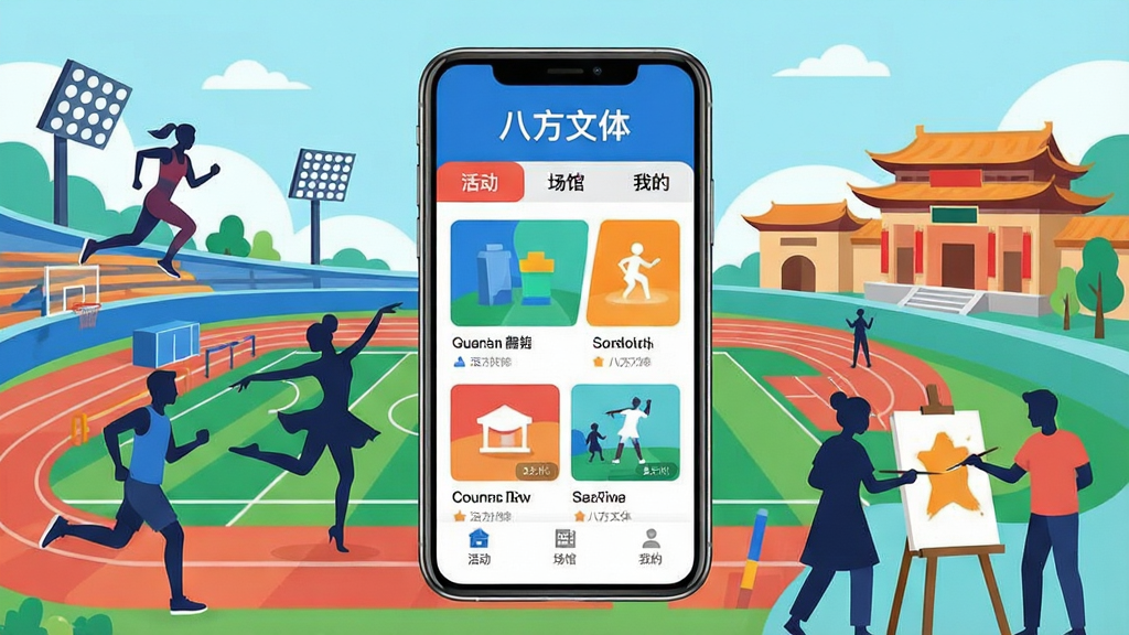 主体:智能手机屏幕展示“八方文体”应用界面,背景为活力运动场与文化场馆融合场景;布局:手机居中,周围有奔跑、舞蹈、绘画等人物剪影;排版:画面层次分明,主次有序;风格:现代扁平化插画风,色彩明快;细节:界面可见“活动”、“场馆”、“我的”等标签,顶部有“八方文体”字样;画质:高清,干净,无多余元素。