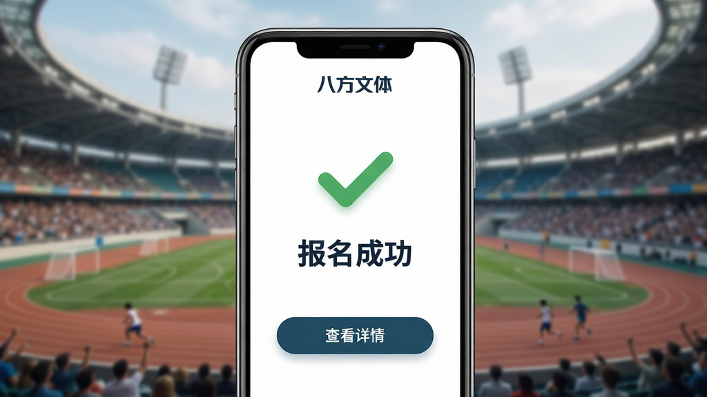 主体:手机界面显示赛事报名成功页面,背景为运动场;布局:中央显示“报名成功”对勾图标,下方有“查看详情”按钮;排版:简洁大气,信息突出;风格:现代商务风,色彩稳重;细节:包含“八方文体”品牌标识;画质:高清,干净,无多余元素。