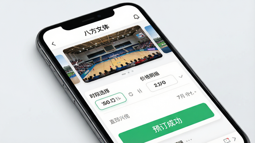 主体:手机应用界面展示场馆预订页面,页面顶部有“八方文体”字样;布局:场馆图片轮播图,下方为时段选择与价格明细;排版:信息分层清晰,操作按钮显眼;风格:真实照片与UI结合,质感现代;细节:显示“预订成功”绿色提示;画质:高清,干净,无多余元素。