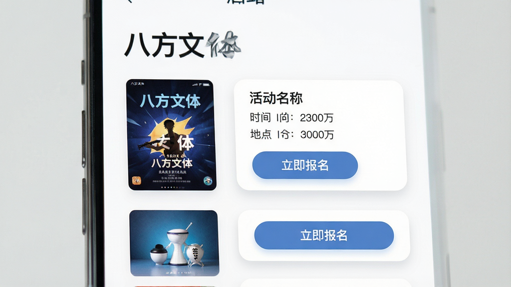 主体:手机应用界面展示活动列表页,标题“八方文体”醒目;布局:左侧为活动海报缩略图,右侧为活动名称、时间、地点信息;排版:列表式布局,间距舒适;风格:清晰简洁的UI设计风格;细节:活动卡片带圆角阴影,底部有“立即报名”按钮;画质:高清,干净,无多余元素。