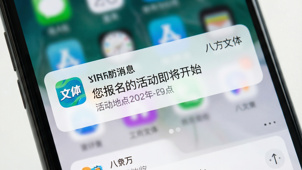 主体:手机界面显示推送通知栏,有“八方文体”提醒消息;布局:通知卡片展开,显示活动时间和地点;排版:简洁直观,一目了然;风格:系统原生UI风格,干净明亮;细节:通知卡片有应用图标和文字“您报名的活动即将开始”;画质:高清,干净,无多余元素。