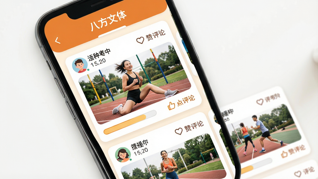 主体:手机界面展示社区动态信息流,包含用户发布的运动照片;布局:顶部为“八方文体”导航栏,下方为卡片式动态列表;排版:瀑布流布局,错落有致;风格:活泼社区风格,色彩温暖;细节:动态卡片有头像、昵称、点赞评论按钮;画质:高清,干净,无多余元素。