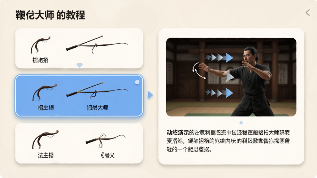 主体:鞭子大师的教程界面,展示多种鞭法招式列表。布局:左侧为招式缩略图,右侧为当前招式的动态演示与文字说明。排版:卡片式布局,每个招式以图标和名称展示。风格:清新简约,浅色背景搭配柔和阴影。细节:当前选中的招式高亮显示,演示画面带有动作分解箭头。画质:画面清晰,文字可读性强,无多余装饰。