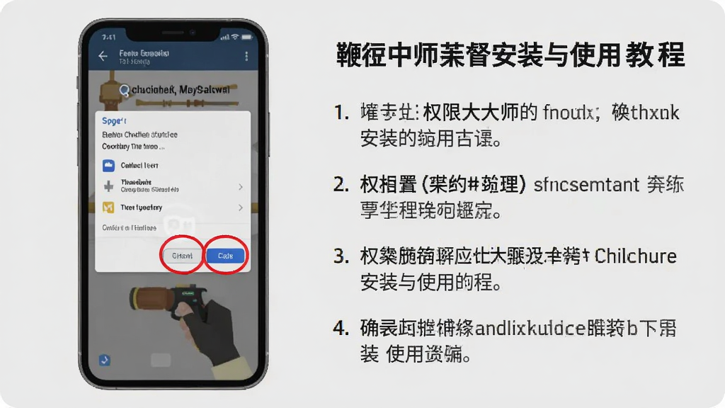 主体:鞭子大师的安装与使用教程截图,展示权限设置界面。布局:左侧为手机屏幕截图,右侧为文字说明。排版:图文并茂,步骤清晰。风格:简洁教学风,背景为浅灰色。细节:关键操作处用红色圆圈标记。画质:清晰锐利,无杂质。