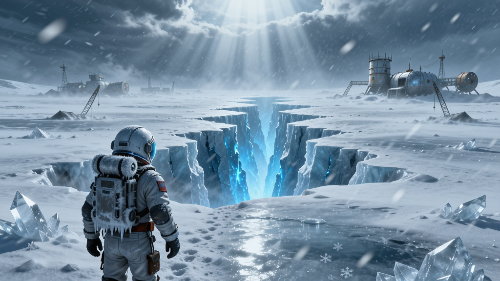 主体:迷失星球游戏场景,展示玩家在暴风雪中的冰原地带行走,远方有一道巨大的冰裂缝,裂缝中透出蓝色光芒。布局:玩家角色位于画面左下角,右上方是广阔的冰原和暴风雪,画面纵向延伸感强。排版:采用对称构图,冰裂缝作为视觉中心线,引导视线从玩家延伸至远方。风格:冷色调写实风格,风雪效果逼真,光线透过云层形成丁达尔效应。细节:雪花颗粒清晰,地面冰晶反光,玩家宇航服上结有冰霜,背景中隐约可见废弃的科考站。画质:高分辨率渲染,画面干净通透,无多余元素,突出迷失星球的壮丽与孤寂。