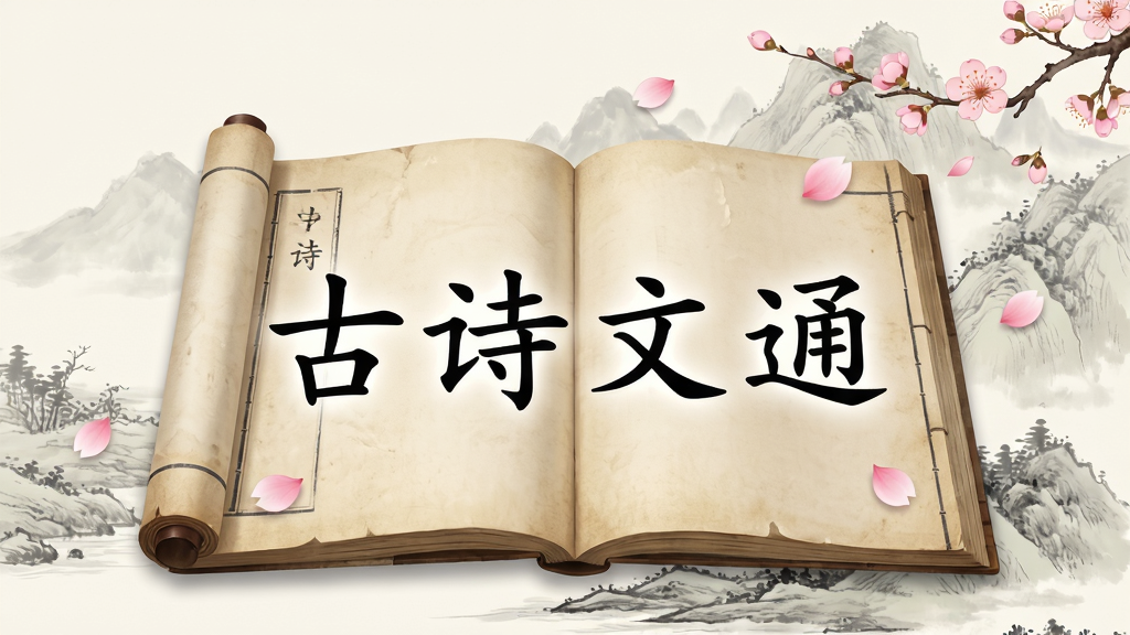 主体为一部打开的古籍书卷,书页上浮现出“古诗文通”四个楷体字样,背景为淡雅的水墨山水画,布局居中,排版疏朗,风格古风古韵,细节处有飘落的梅花花瓣点缀,画质高清干净,无多余元素