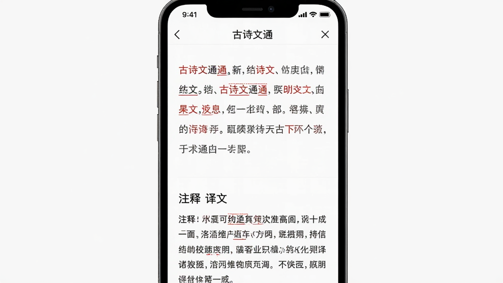 手机竖屏界面,展示“古诗文通”中某一首古诗的详情页,上半部分为原文,下半部分为注释和译文,文字排版清晰,重点词汇用红色标注,风格简洁明了,画质高清,无多余元素