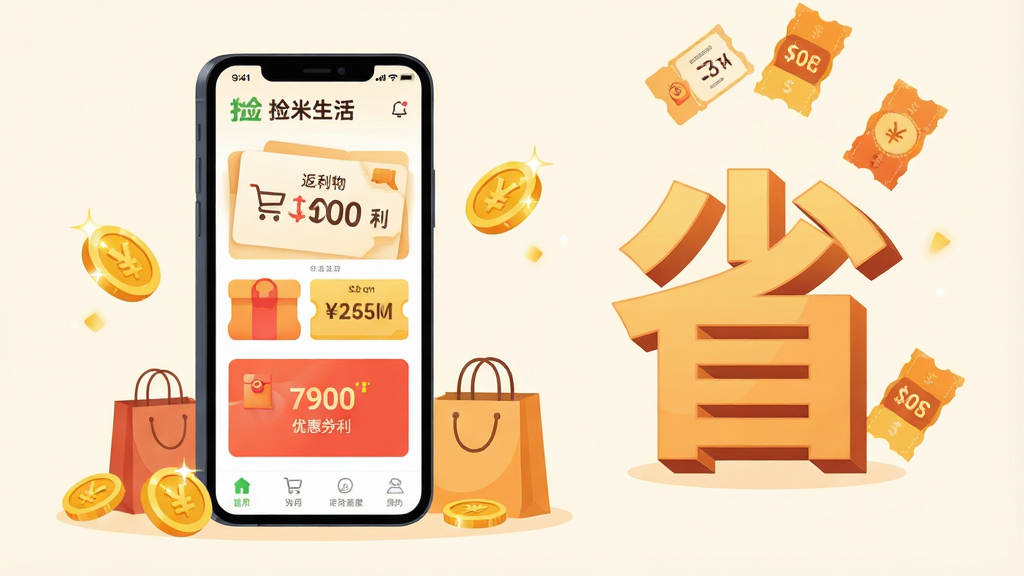 ���壺�ֻ���Ļչʾ���������APP���棬��Ļ���й��ﷵ�����Ż�ȯ���ֽ�����Ԫ�أ��Ա�ɢ���Ž�Һ͹���������֣��ֻ�λ�ڻ�������ƫ���Ҳ��С�ʡ����������Ч��Ʈ����Ż�ȯ���Ű棺������ˣ�����ͻ��������Ϊ��͵��װ�ɫ����񣺱�ƽ���廭�磬ɫ��������ů��ϸ�ڣ��ֻ�����������ʾ���������LOGO�ͷ���������֣���Ҵ��и߹⡣���ʣ�4K���壬����ɾ����޶���Ԫ�ء�