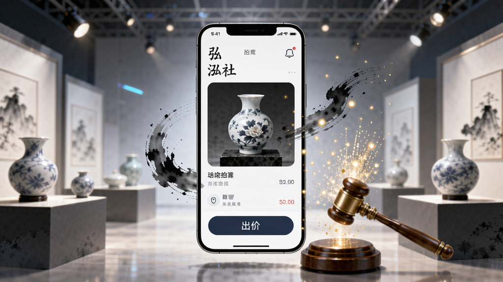 一幅现代风格的数字艺术插画,主体是“泓社”APP界面悬浮于半空中,背景是抽象化的拍卖会场与瓷器展台,布局采用居中构图,界面展示拍品图片与出价按钮,排版清晰,风格融合科技感与传统水墨意境,细节包含落槌瞬间的金色粒子特效,画质高清明亮,干净无多余元素。