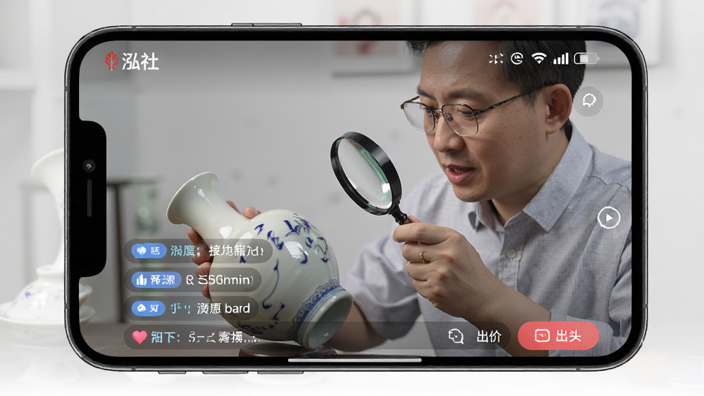 一张手机横屏截图,展示“泓社”APP的直播预览功能,画面中一位专家手持放大镜正在讲解一件瓷器,屏幕下方有互动弹幕与出价按钮,布局为典型的直播界面,风格真实自然,细节有直播间的灯光效果,画质高清流畅,干净无多余元素。