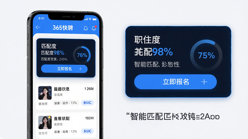 ���壺365��ƸAPP������ƥ�书�ܽ��棬�ֻ���Ļ��ʾ�Ƽ�ְλ�б������֣��ֻ����չʾ���Ҳ�Ϊ�Ŵ��ְλ��Ƭ��ƥ��Ȱٷֱȡ��Ű棺��Ļ��ͼ��˵�����ֽ�ϡ���񣺿Ƽ��У���ɫ��������ɫ�߹⡣ϸ�ڣ�ְλ��Ƭ����ʾ��ƥ���98%�������������С�������������ť�����ʣ����壬�ɾ����޶���Ԫ�ء�