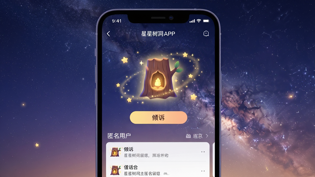主体:星星树洞APP主界面,手机屏幕展示温暖的星空背景,中央有一个发光的树洞图标,周围飘散着星星点点的光尘。布局:手机居中,界面清晰展示“倾诉”按钮和匿名用户留言列表。排版:简洁现代,信息层级分明。风格:治愈系插画风格,色彩以深蓝、紫色和暖黄色为主,营造宁静温馨氛围。细节:树洞图标上有微光闪烁,星星光尘环绕,背景有隐约的银河。画质:高清,干净,无多余元素。