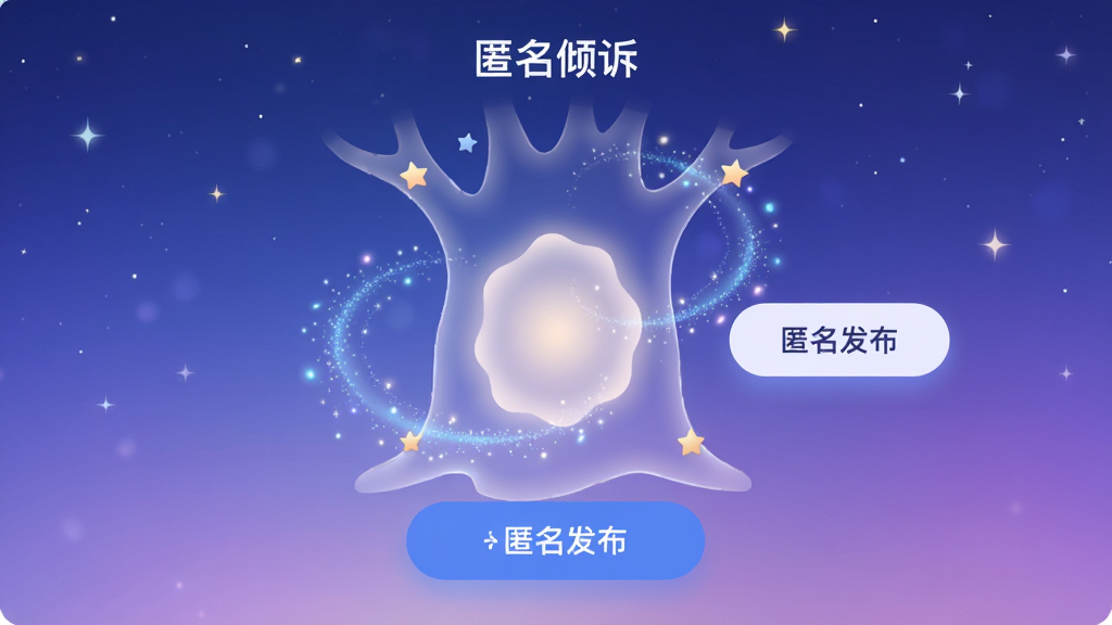 主体:星星树洞APP“匿名倾诉”功能页面,一个半透明的树洞轮廓,内部有柔和的光晕,旁边有“匿名发布”按钮。布局:页面居中,背景为渐变星空,树洞位于视觉中心。排版:按钮醒目,提示文字简洁。风格:清新梦幻,色彩以蓝紫色为主,光效柔和。细节:树洞边缘有星星装饰,光晕带有动态粒子效果。画质:高清,干净,无多余元素。
