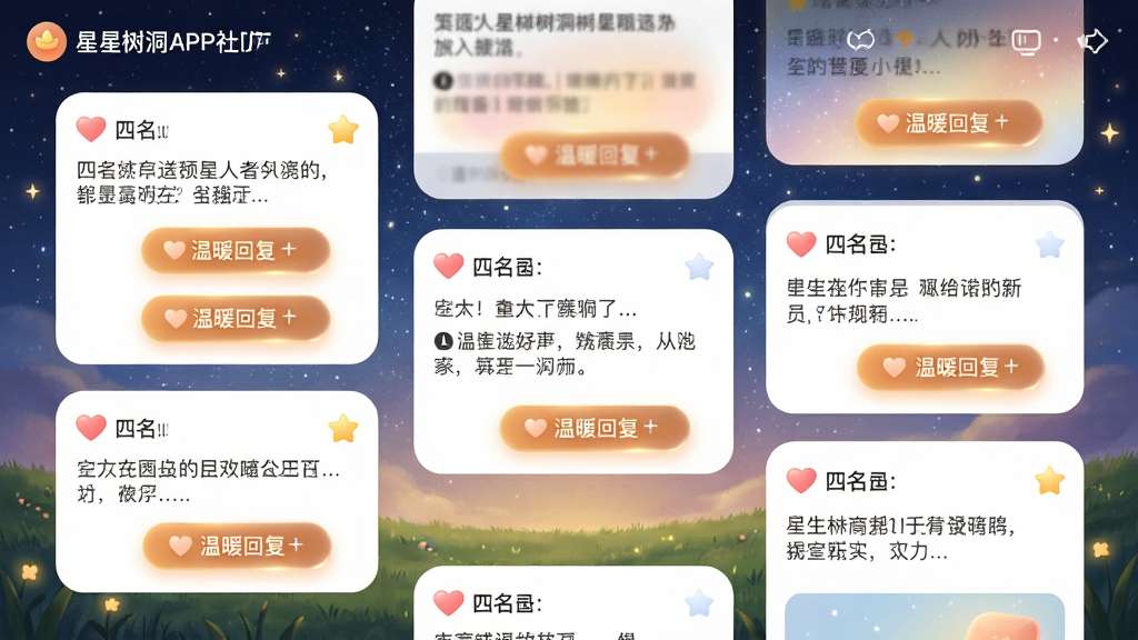 主体:星星树洞APP社区广场界面,展示多条匿名留言卡片,每条卡片上有“温暖回复”按钮。布局:卡片瀑布流排列,背景为星空与草地。排版:卡片圆角设计,信息清晰。风格:柔和治愈,色彩明亮温暖。细节:卡片上有爱心和星星图标,回复按钮带有微光。画质:高清,干净,无多余元素。