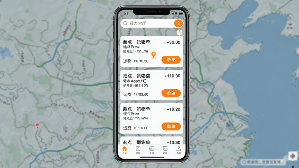 即配司机APP抢单大厅界面,列表展示多个货运订单卡片,每张卡片显示起点终点、货物信息、运费金额和“抢单”按钮,地图背景,顶部搜索栏,底部导航栏,整体UI布局信息清晰,橙色高亮按钮,画质干净,无多余元素,手机模型居中展示