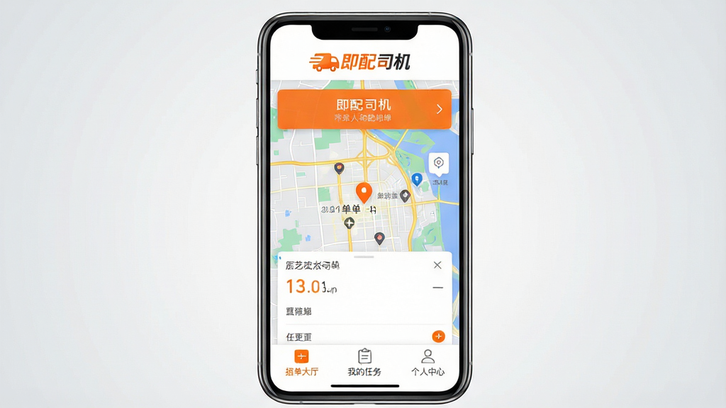 一张展示即配司机APP主界面的高清截图,界面顶部显示“即配司机”橙色logo,中部为地图接单页面,底部有“抢单大厅”“我的任务”“个人中心”三个标签按钮,整体风格简洁明亮,色彩以橙色和白色为主,画面干净,无多余元素,画质清晰,手机屏幕居中,背景为浅灰色渐变