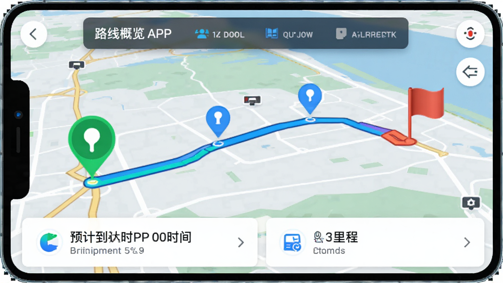 即配司机APP导航界面,显示地图上的彩色路线规划,起点绿色图标,终点红色旗帜,中途有蓝色途经点标记,底部卡片显示预计到达时间与里程,顶部有路线概览条,整体风格科技感,地图细节丰富,画质清晰,无多余元素