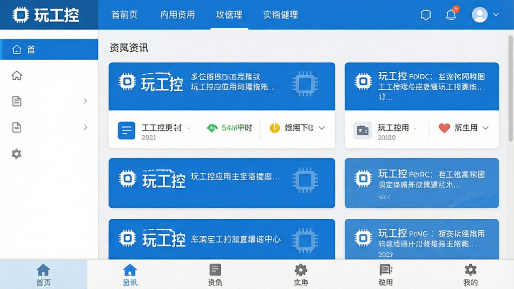 一张展示玩工控应用主界面的高清截图,界面包含顶部导航栏、中部资讯卡片流和底部功能标签,整体风格简洁现代,以蓝色为主色调,图标清晰,文字标注“玩工控”,画质干净,无多余元素