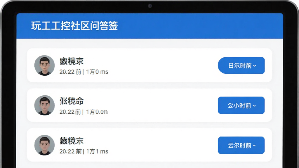 玩工控社区问答界面预览图,顶部为问题标题,下方为回答列表,每条回答包含用户头像、昵称和时间,界面以白色为底,蓝色按钮,整体简洁明亮,画质干净,无多余元素