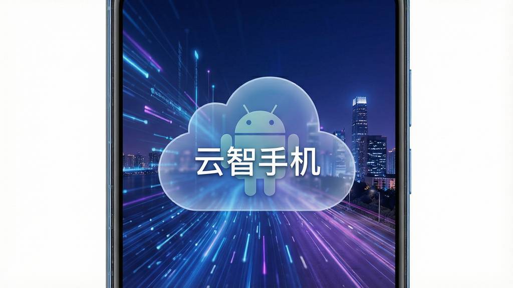 一张现代感十足的智能手机屏幕正展示着云智手机的界面,屏幕中浮现出一个半透明的云朵图标,云朵内隐约可见安卓机器人的轮廓,背景是流动的数据光速和城市夜景,整体色调以蓝色和紫色为主,突出科技感与云端概念,画质清晰干净,无多余元素,画面中央带有“云智手机”字样。
