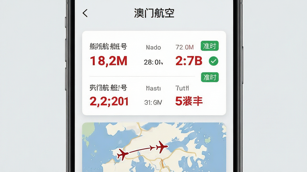 主体:澳门航空APP航班动态界面截图,显示详细航班信息。布局:界面顶部为“澳门航空”字样,中部为航班号、起降时间、状态标签,底部为航线地图缩略图。排版:信息以卡片形式纵向排列,重点数据用红色加粗显示。风格:简洁商务风,浅灰色背景搭配白色卡片,红色点缀。细节:航班状态显示“准时”,并配有绿色小图标;地图上有飞机图标沿航线移动。画质:高清晰度,界面无多余文字,干净整洁。