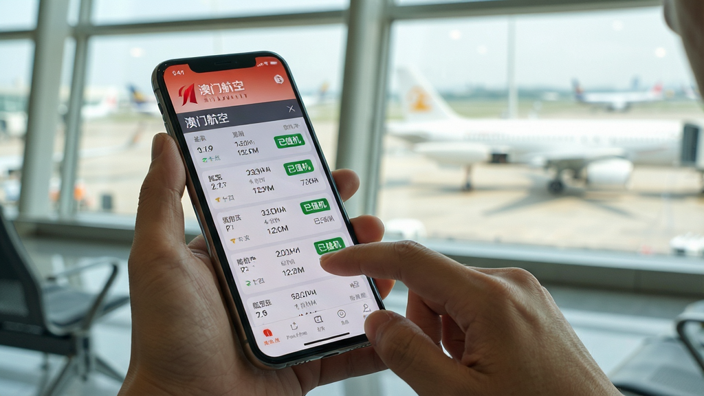主体:澳门航空APP使用场景,用户手持手机查看航班信息。布局:用户手部特写,手机屏幕显示航班动态,背景为机场候机楼窗户。排版:手机屏幕内容为“澳门航空”红色logo和航班信息列表。风格:写实摄影风格,自然光线,色彩真实。细节:用户手指轻触屏幕,屏幕上有绿色“已值机”标识,背景有虚化的飞机。画质:超高清,干净,无多余元素。