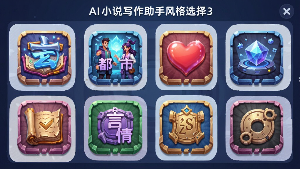 AI小说写作助手风格选择界面,展示多种文学风格图标,包括玄幻、都市、言情、科幻等,界面色彩鲜艳,图标立体,布局整齐,插画风格,细节丰富,画质高清,干净无多余元素