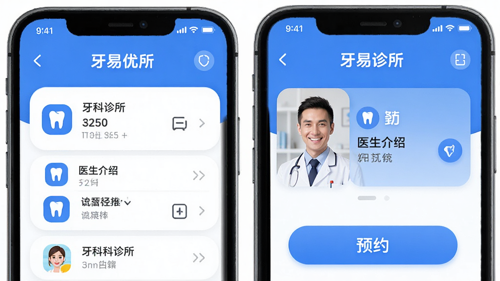 牙易优APP主界面预览图,展示首页牙科诊所列表、医生介绍、预约按钮,整体风格清新简洁,采用蓝白配色,界面布局清晰,图标圆润,画质高清,无多余元素