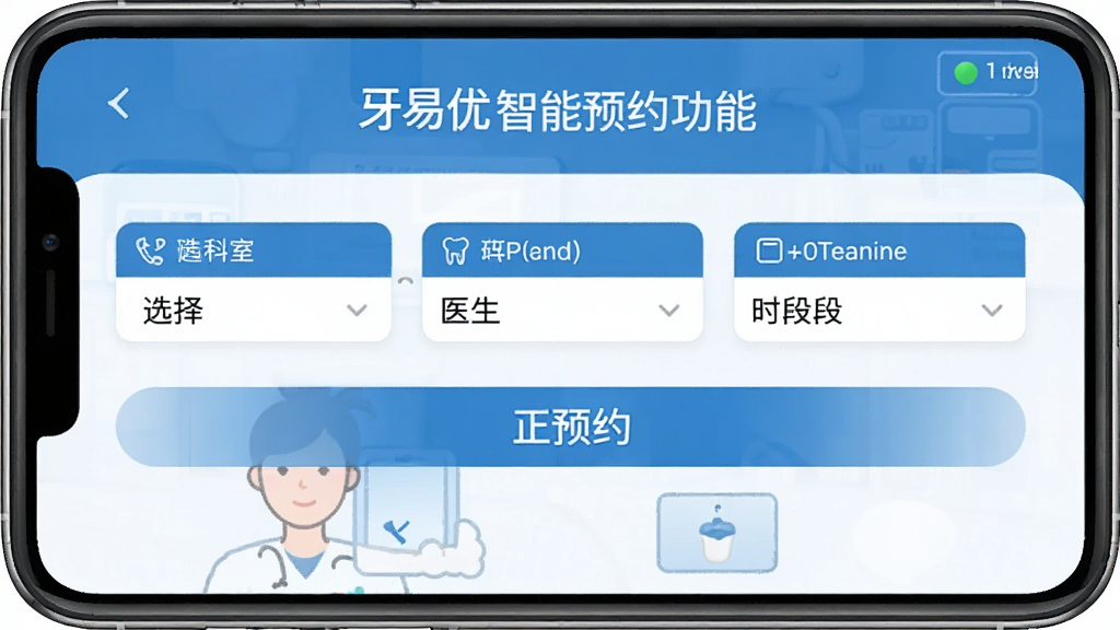 牙易优智能预约功能截图,展示选择科室、医生、时间段的操作界面,界面简洁明了,蓝白色调,突出预约按钮,画质清晰,无多余元素