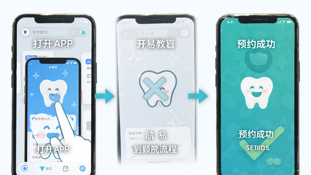 牙易优使用教程插图,展示手机端预约流程步骤图,从打开APP到预约成功,步骤清晰,配以文字说明,画质干净,无多余元素