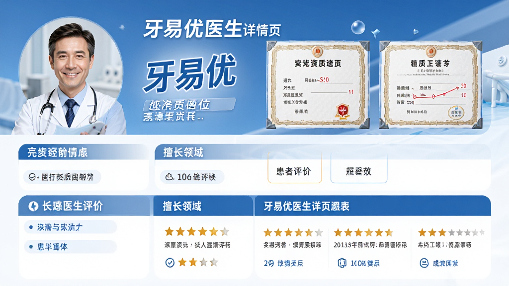 牙易优医生详情页展示,包含医生头像、资质证书、擅长领域、患者评价,界面风格专业可靠,蓝白配色,排版规范,画质高清,无多余元素