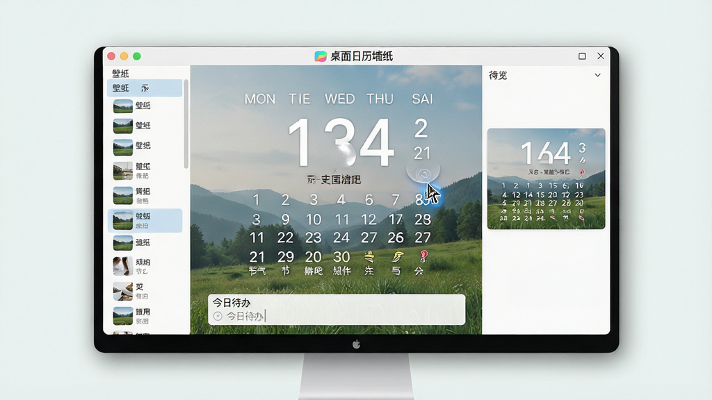 主体:桌面日历墙纸软件的主界面展示在电脑屏幕上,屏幕背景是一张清新自然的风景壁纸,壁纸中央显示超大清晰的日历数字与星期信息,界面布局简洁大方。布局:电脑屏幕居中,屏幕上方有软件名称“桌面日历墙纸”的标识,左侧有侧边栏展示壁纸分类列表,右侧为预览区域。排版:壁纸上的日历数字采用无衬线字体,日期下方标注农历与节气,界面底部有“今日待办”输入框。风格:扁平化UI设计,色彩柔和,整体呈现现代简约风。细节:屏幕边缘有柔和的阴影效果,壁纸纹理细腻,数字清晰可辨,鼠标指针悬停在日期上显示高亮效果。画质:高清渲染,干净无多余元素。