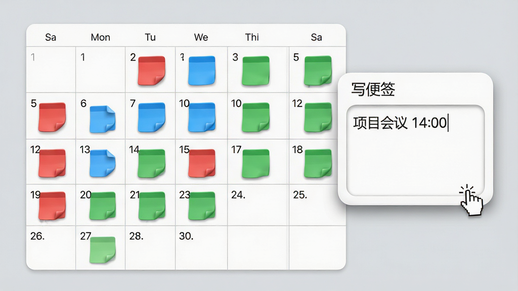 主体:桌面日历墙纸软件的日历便签功能特写,桌面壁纸中央的日历格子上分布着红色、蓝色、绿色的便签图标,旁边弹出一个小窗口显示“写便签”界面。布局:桌面背景为纯色浅灰,日历占据画面左侧三分之二,便签输入框位于右侧。排版:便签输入框内有示例文字“项目会议 14:00”,字体为微软雅黑;日历格子大小均匀,日期数字清晰。风格:简洁商务风,色彩明快,UI控件圆润。细节:便签图标有立体感,输入框带圆角边框和阴影,鼠标指针变成手型。画质:清晰锐利,干净无多余元素。
