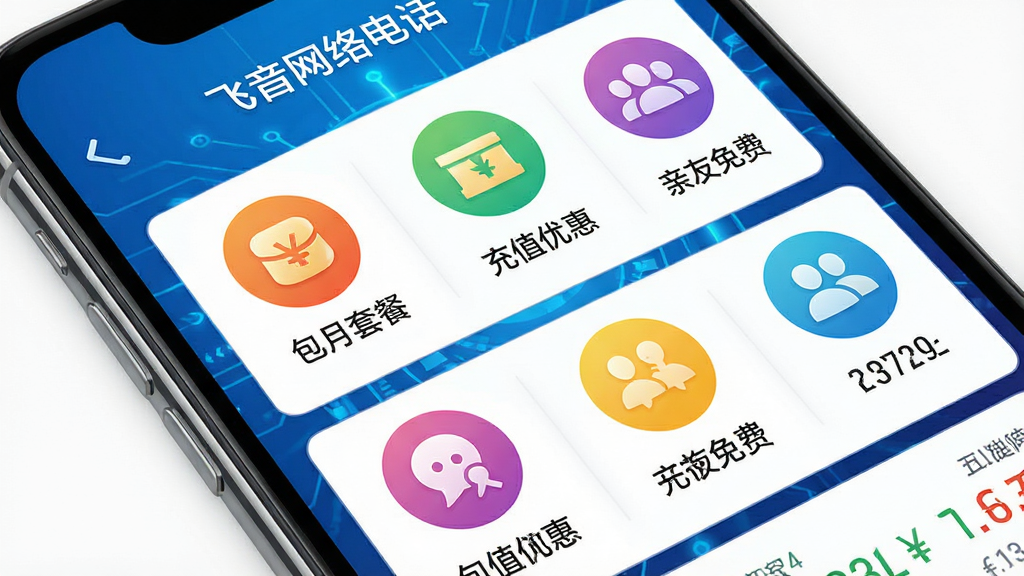 画面主体为一张手机屏幕截图,显示“飞音网络电话”的资费套餐页面,包含多个彩色圆形图标标注“包月套餐”“充值优惠”“亲友免费”等字样,背景为渐变蓝色科技感底纹,数字与货币符号清晰可辨。布局采用卡片式排列,风格简洁商务,色彩明快,细节精致,画质高清,干净无多余元素。