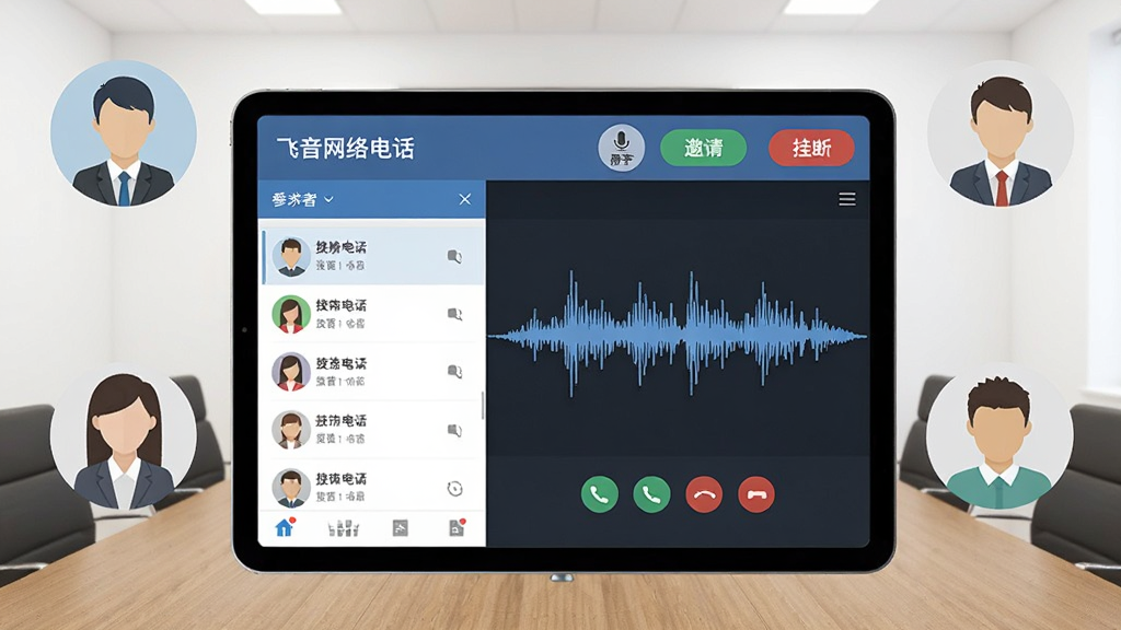 画面主体为一部平板电脑横屏显示“飞音网络电话”的会议管理界面,左侧为参与者列表,右侧为实时通话波形,顶部有“静音”“邀请”“挂断”按钮。周围有四个半身人物头像悬浮,代表远程参会者。背景为简约会议室,白墙与木桌,光线均匀。风格为扁平化UI示意,配色清晰,画质干净,无多余元素。