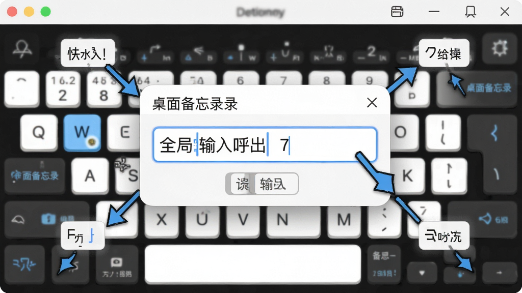 一张动态感十足的操作示意图,主体为“桌面备忘录”软件的全局快捷键呼出输入框,布局为中心特写输入框,周围用箭头示意快捷键操作,排版直观,风格为UI界面展示风格,细节包括键盘按键高亮,画质清晰干净,无多余元素