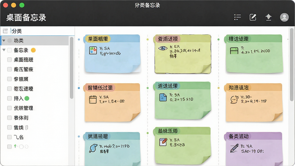 一张展示“桌面备忘录”软件分类管理功能的界面截图,主体为软件主窗口,布局左侧为分类列表,右侧为对应分类下的便签瀑布流,排版整齐,风格为清晰的功能展示UI,细节包括彩色分类标签,画质高清干净,无多余元素