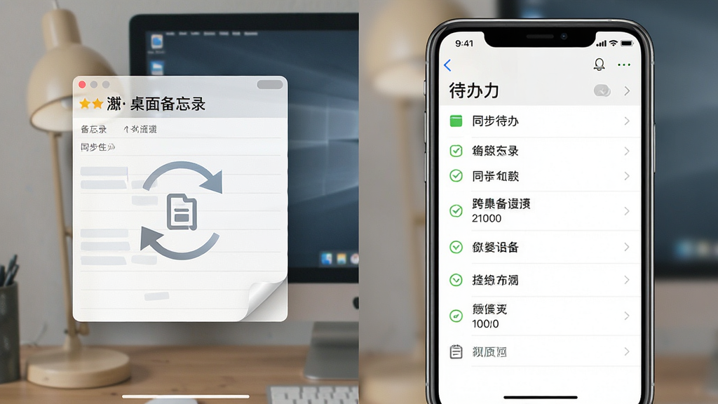 一张对比图,左侧是电脑端“桌面备忘录”的悬浮便签,右侧是手机端APP的待办列表,主体为跨设备同步场景,布局为左右分屏对比,排版清晰,风格为写实与UI结合,细节包括同步箭头标识,画质干净,无多余元素