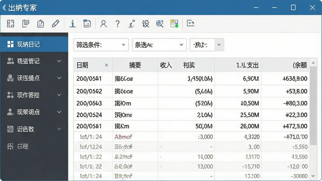一张软件功能界面截图风格的图片,主体是“出纳专家”的现金日记账操作面板。布局上,上方为工具栏和筛选条件,下方为数据表格,左侧为功能导航栏。排版简洁明了,风格为扁平化UI设计。细节上,表格中展示着日期、摘要、收入、支出、余额等列,数据清晰。画质清晰,干净,无多余元素。