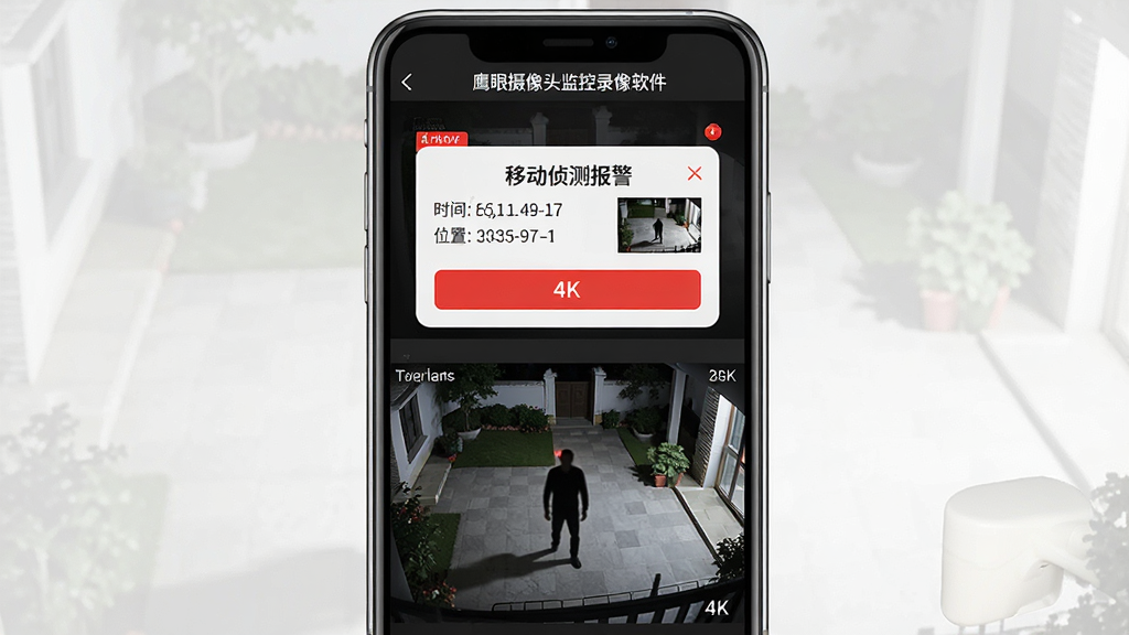 主体:鹰眼摄像头监控录像软件的移动侦测报警功能示意图,手机屏幕弹出报警通知,背景为夜晚的庭院监控画面。布局:手机位于画面中央,屏幕上方显示“移动侦测报警”弹窗,下方为庭院实时画面,有一可疑人影。排版:弹窗信息醒目,包含时间、位置与画面截图。风格:写实安全风,色调偏暗,突出夜间监控的紧张感。细节:手机屏幕顶部有“鹰眼摄像头监控录像软件”字样,报警按钮为红色,画面清晰可见人影轮廓。画质:4K超清,细节丰富,干净无多余元素。