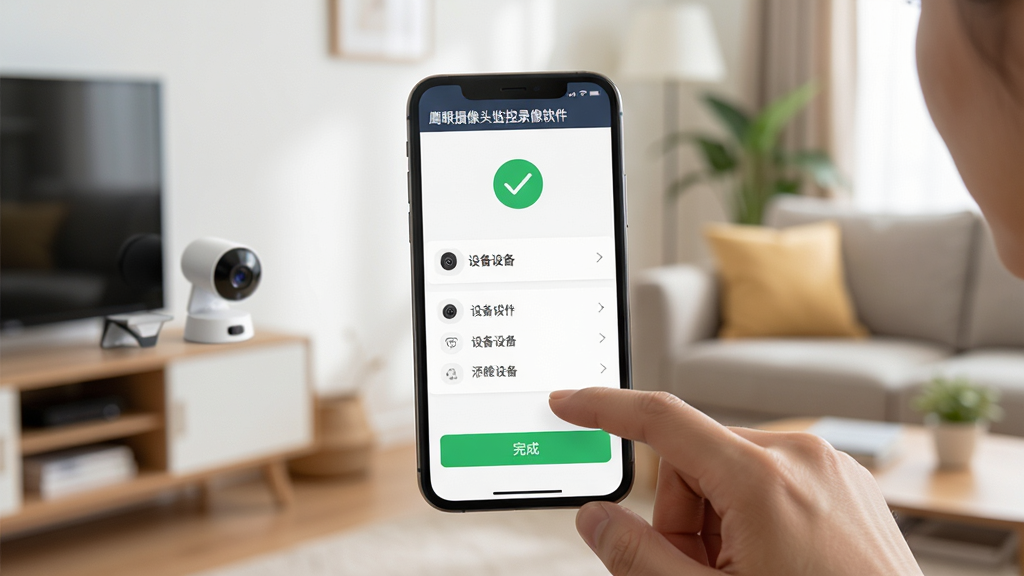 主体:用户正在使用手机安装并配置鹰眼摄像头监控录像软件,手机屏幕上显示添加设备成功界面。布局:手机位于画面中央,一只手正在点击屏幕上的“完成”按钮,背景为家庭客厅。排版:手机屏幕清晰显示“鹰眼摄像头监控录像软件”及设备列表。风格:写实生活风,光线明亮柔和。细节:手机屏幕上有绿色对勾图标,摄像头摆放于角落。画质:高清真实,干净无多余元素。