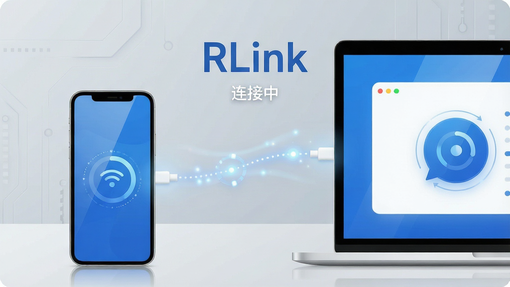 主体:智能手机与笔记本电脑通过RLink界面无线连接,屏幕显示数据同步动画;布局:手机在左,电脑在右,中间以柔和光线连接,背景为浅灰色科技感环境;排版:画面中央上方显示“RLink”字样,下方有“连接中”小字;风格:现代扁平化设计,色彩以蓝白为主,细节:连接线由光点组成,屏幕反光清晰,画质:8K高清,干净,无多余元素