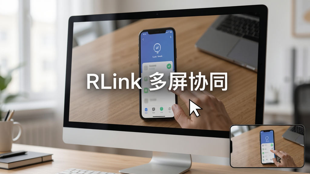 主体:电脑屏幕上显示手机屏幕镜像,鼠标指针正在操作手机应用;布局:电脑为主画面,手机小窗显示在右下角,背景为办公桌;排版:屏幕中央有“RLink 多屏协同”字样;风格:写实风格,光线柔和;细节:屏幕反射柔和,鼠标指针清晰;画质:高清,干净,无多余元素