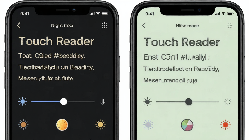 一张对比图,左侧是Touch Reader软件的夜间模式界面,背景为深色,文字为浅色,右侧是护眼模式界面,背景为淡绿色,文字为深灰色,主体为两个手机屏幕,布局左右对称,风格柔和,细节包括亮度调节滑条和色温图标,画质细腻,干净无多余元素