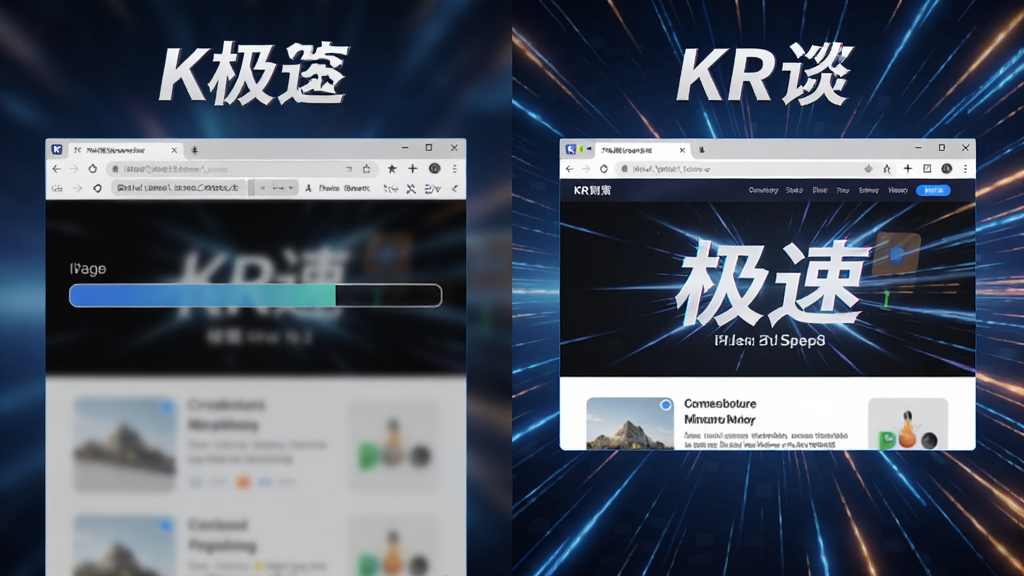 KR浏览器极速加载网页的对比场景,左侧为普通浏览器加载缓慢的进度条,右侧为KR浏览器瞬间完成的页面展示,背景带有速度线特效,色彩鲜明,突出“极速”主题,画质清晰,风格科技感,干净,无多余元素