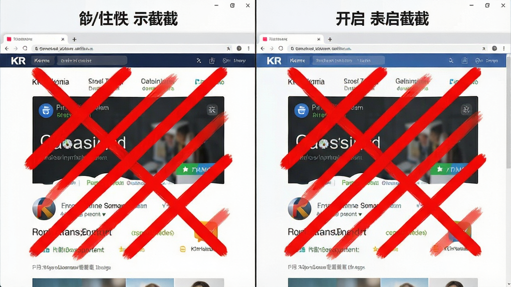 KR浏览器智能广告拦截功能示意,屏幕左侧为未拦截的广告页面,右侧为开启拦截后的清爽页面,广告区域被红色斜线覆盖,背景为对比鲜明的分屏设计,风格简洁直观,画质清晰,干净,无多余元素