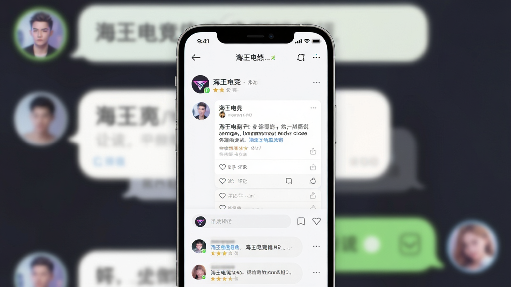 画面主体为手机社交界面,上方显示“海王电竞”社区板块,有用户头像、帖子卡片、评论区域。布局为手机居中,背景为模糊的聊天气泡,排版清爽。风格为轻量社交风,色彩明快,细节柔和,画质干净。