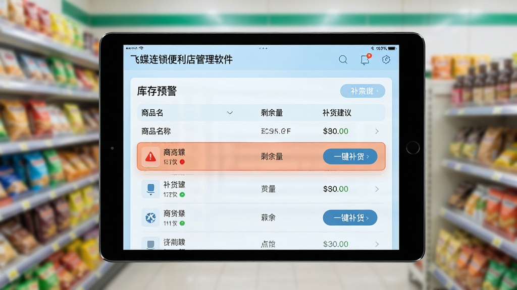 主体:飞蝶连锁便利店管理软件在平板电脑上显示库存预警界面。布局:平板居中,背景为模糊的便利店货架。排版:界面显示“库存预警”列表,包含商品名、剩余量和补货建议。风格:科技感与实用结合,浅蓝色调。细节:预警商品高亮显示,旁边有“一键补货”按钮。画质:高清,干净,无多余元素。