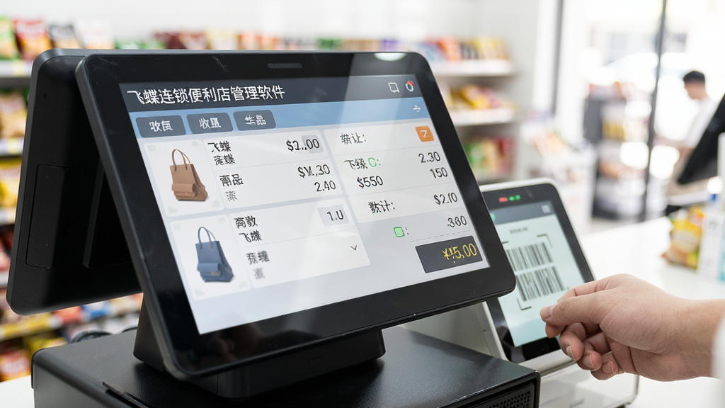主体:飞蝶连锁便利店管理软件的收银界面在触摸屏收银机上运行。布局:收银机特写,屏幕显示商品条目和金额。排版:界面简洁,商品价格、数量、合计金额突出。风格:真实场景摄影风,环境明亮。细节:屏幕显示“飞蝶连锁便利店管理软件”字样,顾客正在扫码支付。画质:高清,干净,无多余元素。